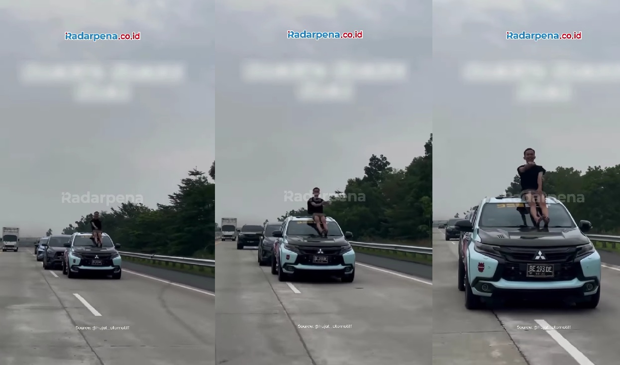 Video Viral Aksi Aura Framing Tarian Pacu Jalur di Atas Mobil di Jalan Tol Lampung