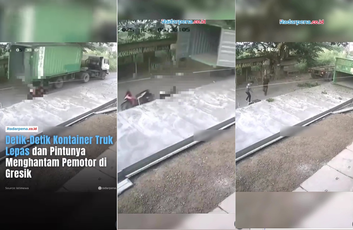 Menakutkan, Pemotor Ambruk Dihantam Pintu Kontainer yang Tiba-Tiba Terbuka