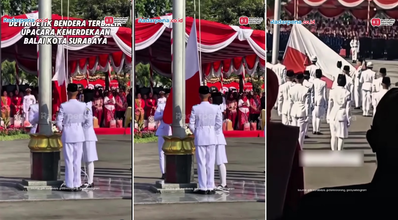 Viral Video Detik-Detik Insiden Bendera Terbalik Saat Upacara HUT ke-80 RI di Balai Kota Surabaya